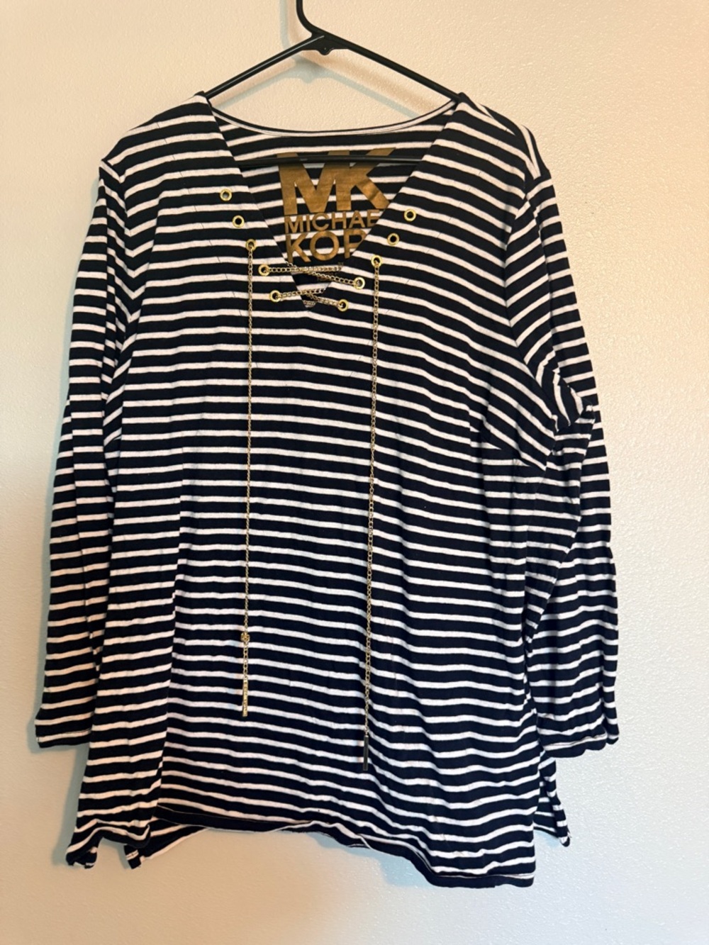 MICHAEL KORS Long Sleeve Top Striped Metal Lace Closure Shirt Black White 2X